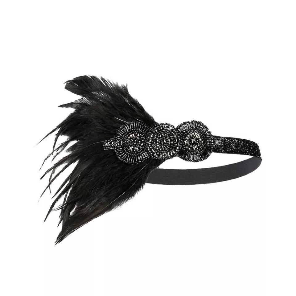 Great Gatsby 1920's Flapper Feather Headdress Fancy Dress - Black (Style 13)