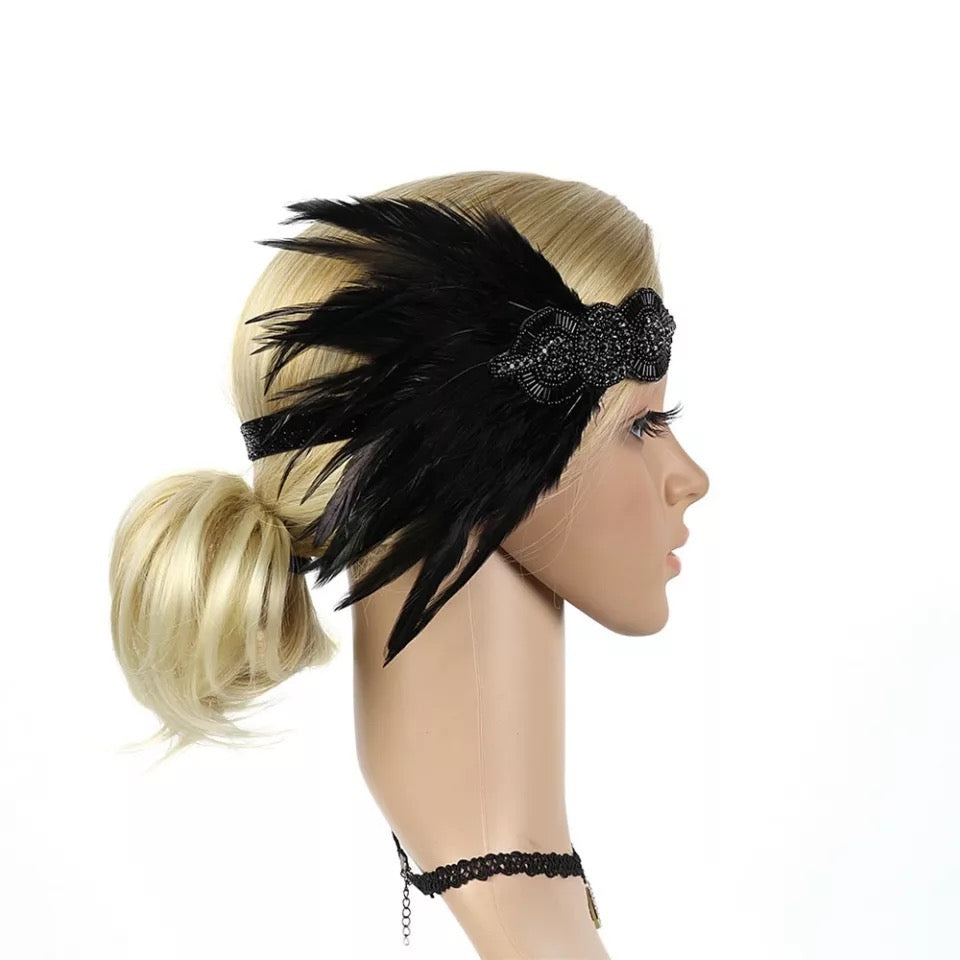Great Gatsby 1920's Flapper Feather Headdress Fancy Dress - Black (Style 13)