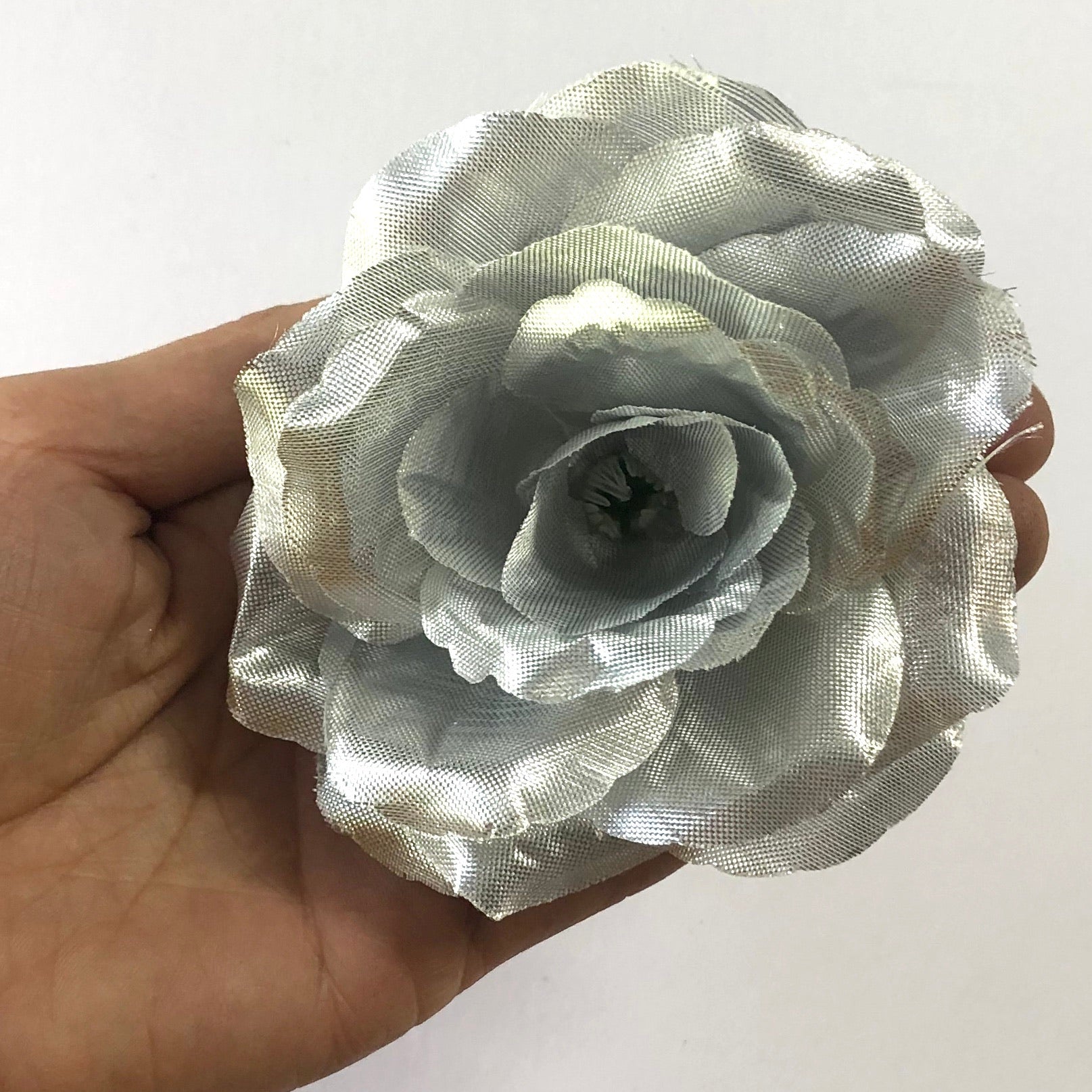 Artificial Silk Flower Head - Silver Metallic Rose Style 95 - 1pc