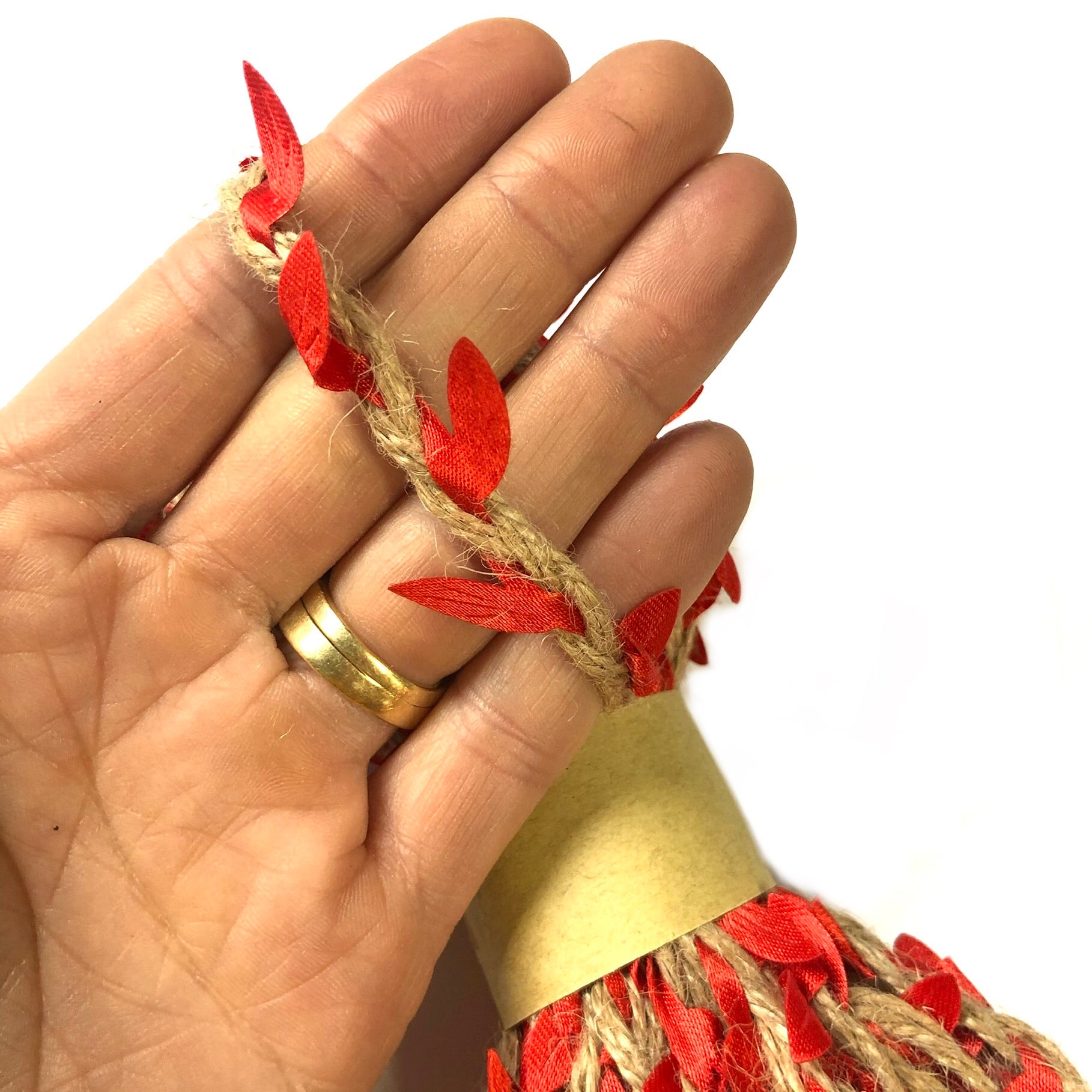 Braided Jute Cord with Vine Leaf per 10 mtrs - Natural with Red Leaf