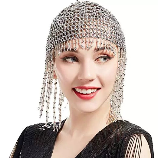 Great Gatsby 1920's Flapper Cleopatra Beaded Headdress Cap Fancy Dress - Silver (Style 28)