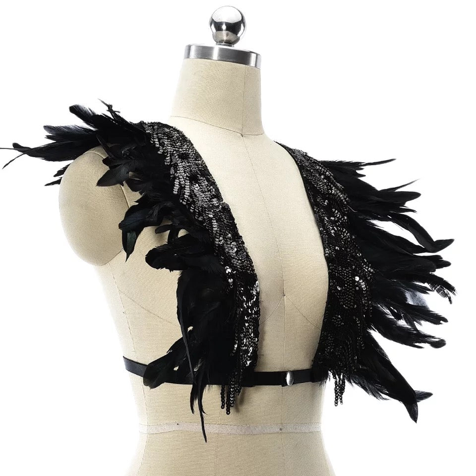 Victorian Cosplay Goth Feather Sequin Body Harness - Black (Style 1)