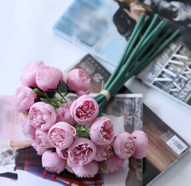 Artificial Silk Tea Rose Flower Bouquet - Hot Pink