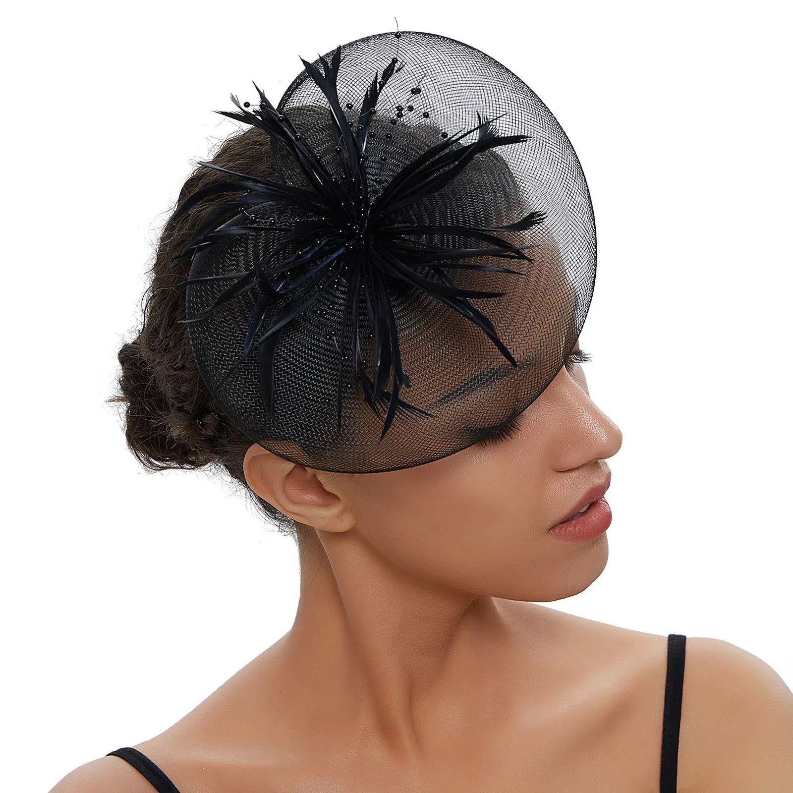 Crinoline and Feather Headband Fascinator - Black