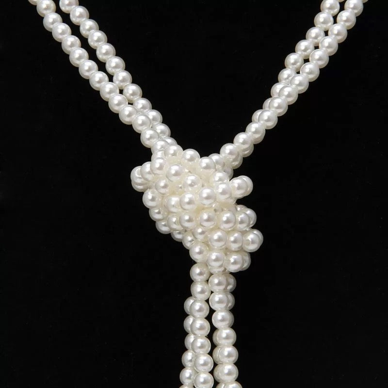 Great Gatsby 1920's Flapper DOUBLE Faux Pearl Knot Necklace - Ivory