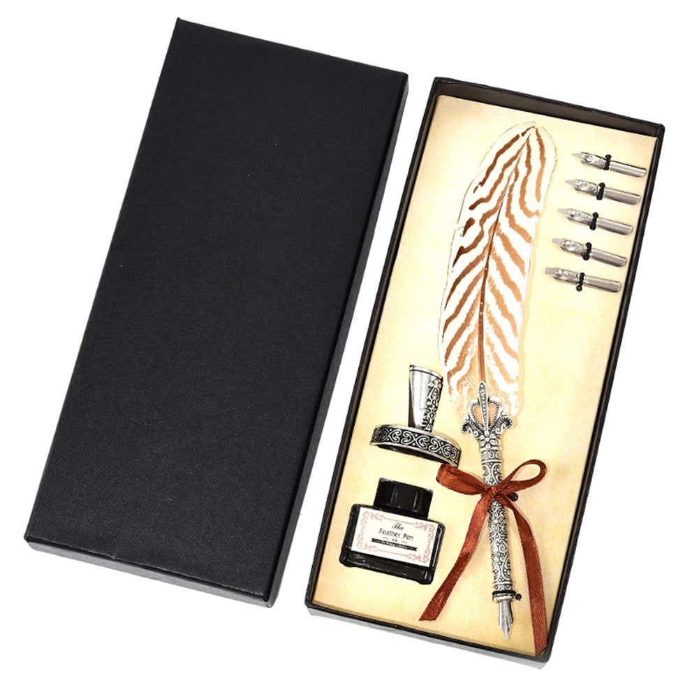 Deluxe Gift Boxed Retro Feather Calligraphy Dip Quill Pen Set - Natural Silver Pheasant