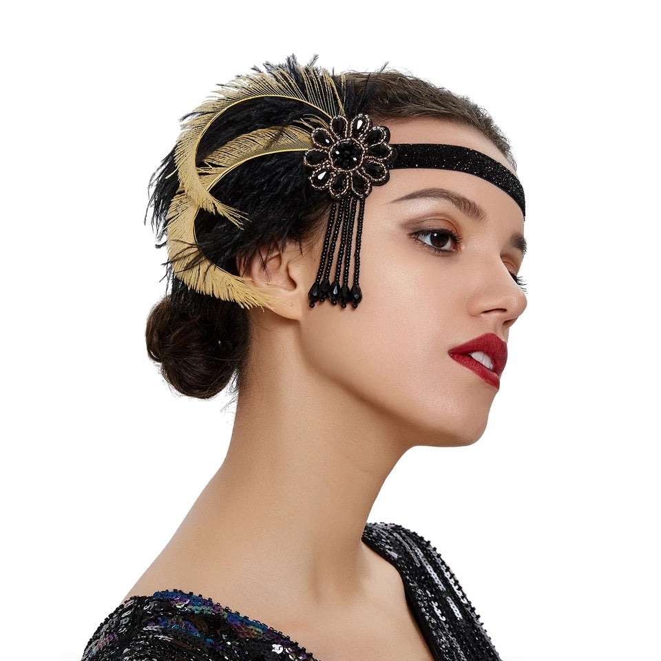 Great Gatsby 1920's Flapper Feather Headdress Fancy Dress - Black (Style 23)