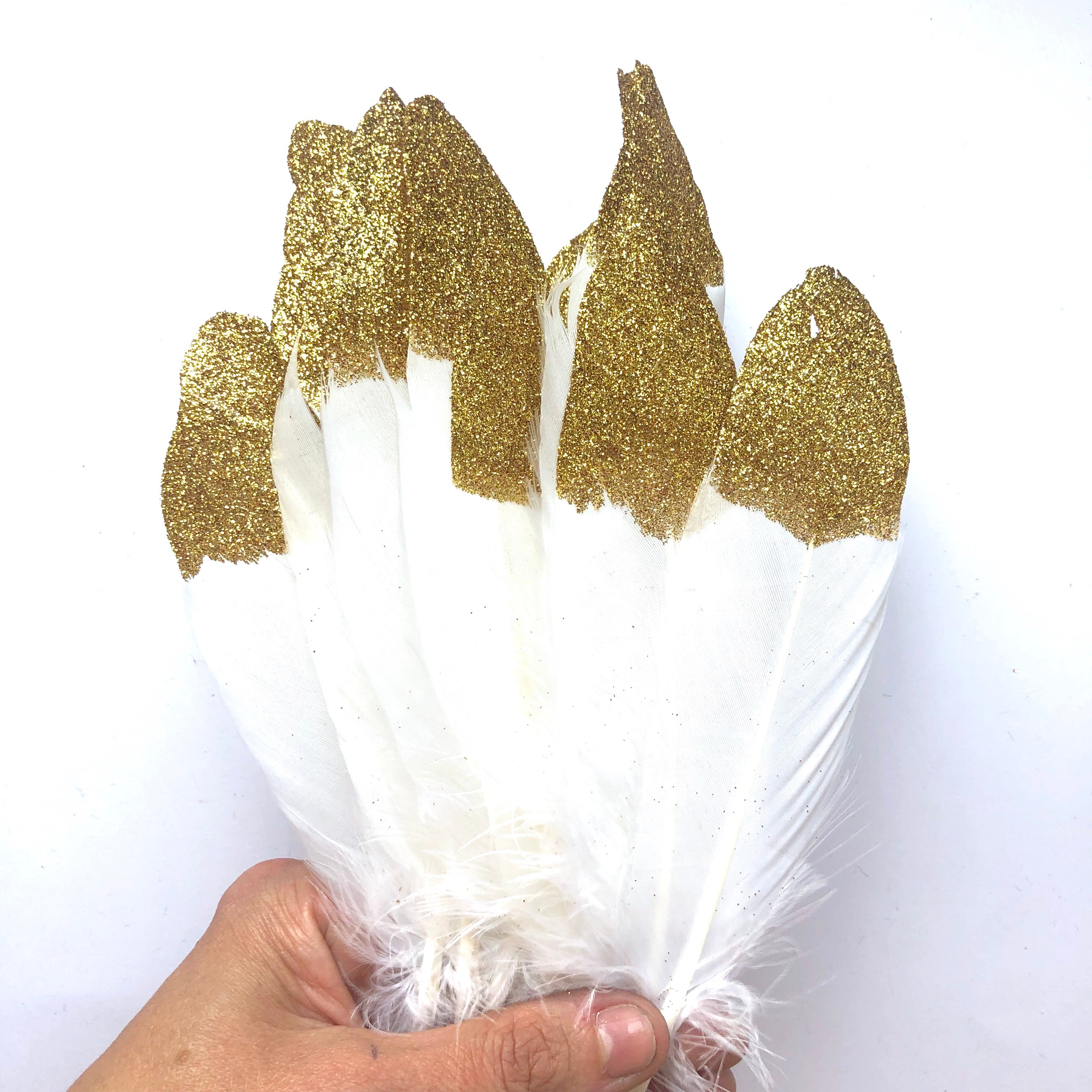 Goose Pointer Feather Gold Glitter Tipped x 10 pcs - White - Style 27