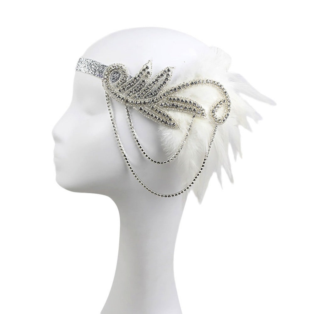 Great Gatsby 1920's Flapper Feather Headdress Fancy Dress - White (Style 18)