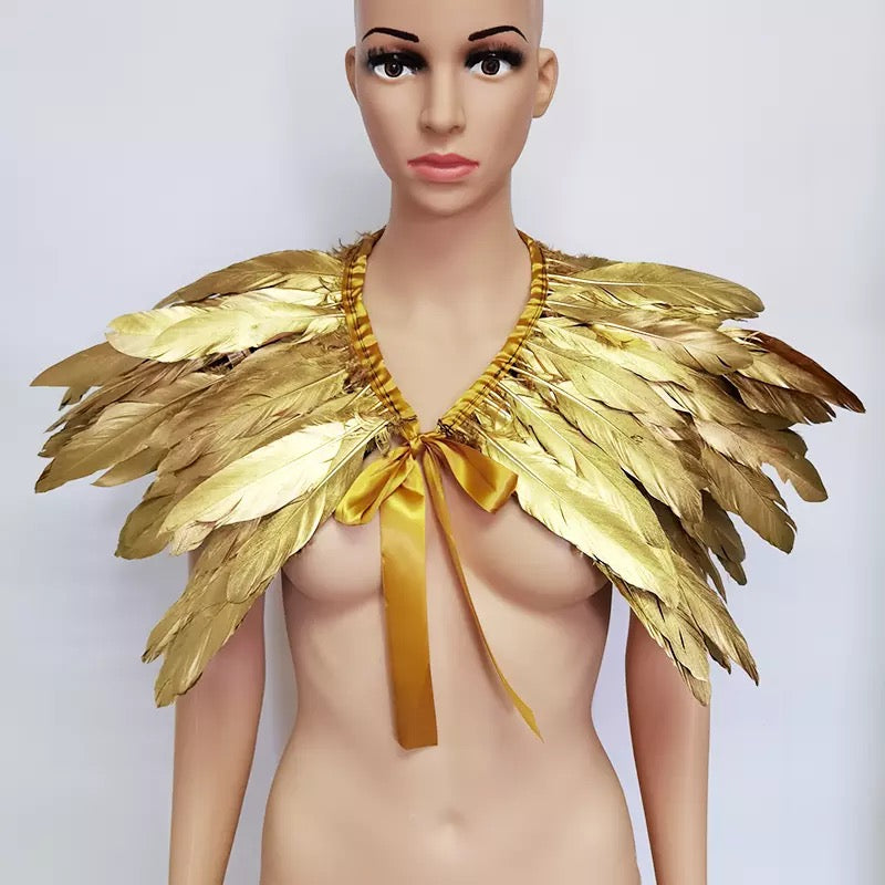 Victorian Cosplay Goth Feather Shrug Cape Shawl - Gold ((SECONDS))
