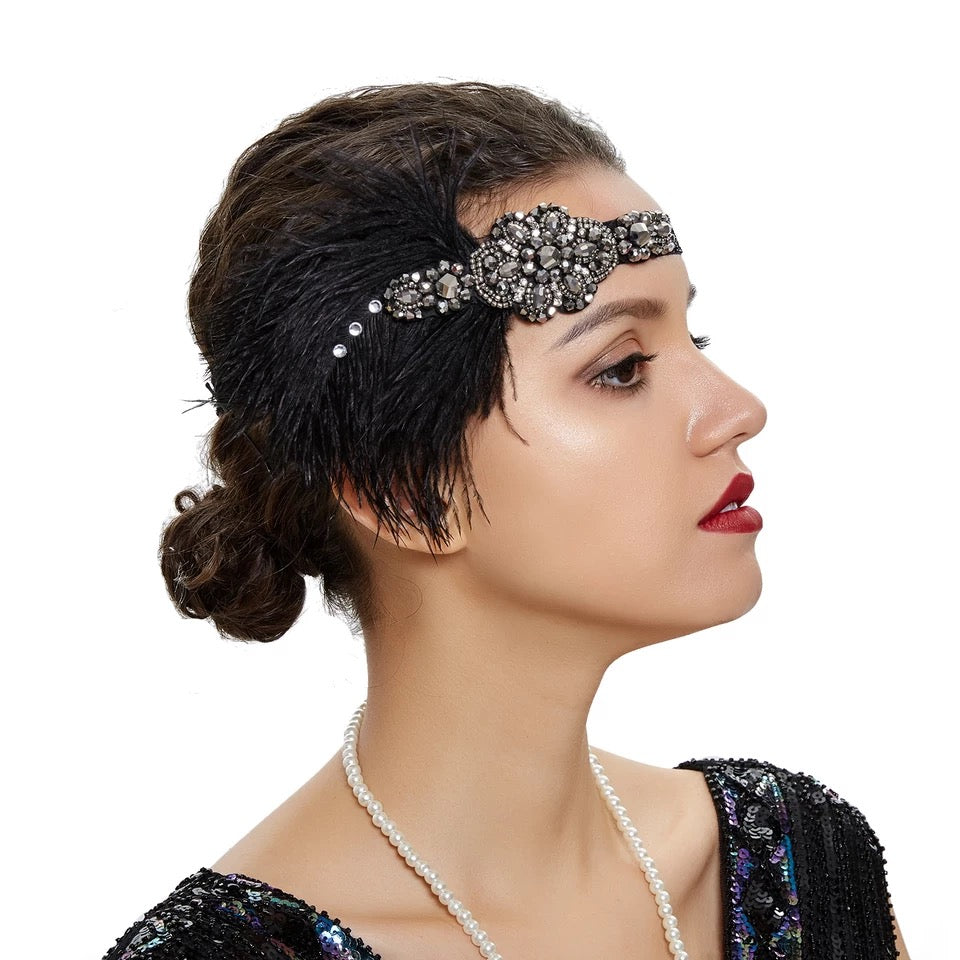 Great Gatsby 1920's Flapper Feather Headdress Fancy Dress - Black (Style 4)