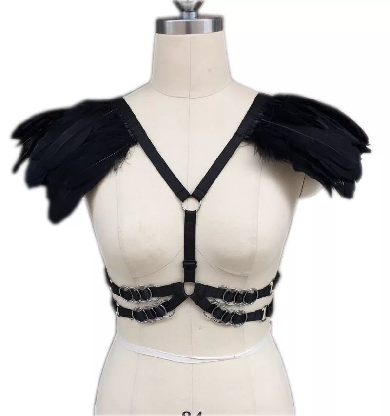 Victorian Cosplay Goth Feather Body Harness - Black (Style 4)