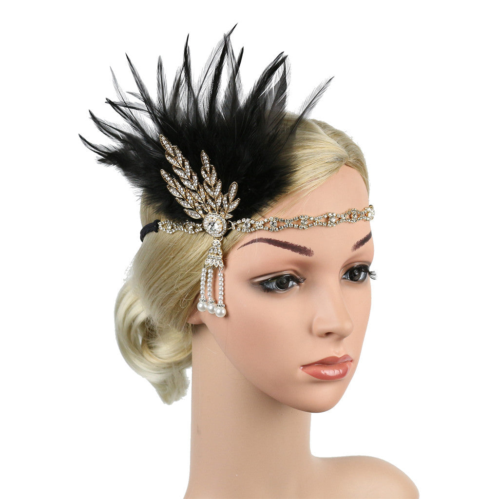 Great Gatsby 1920's Flapper Feather Headdress Fancy Dress - Black (Style 12)
