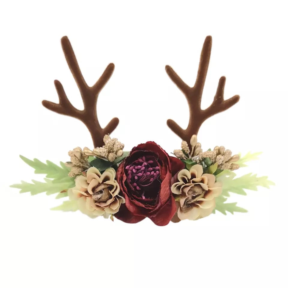 Christmas Holiday Antler Reindeer Floral Baby Girls Headband - Burgundy (Style 1)