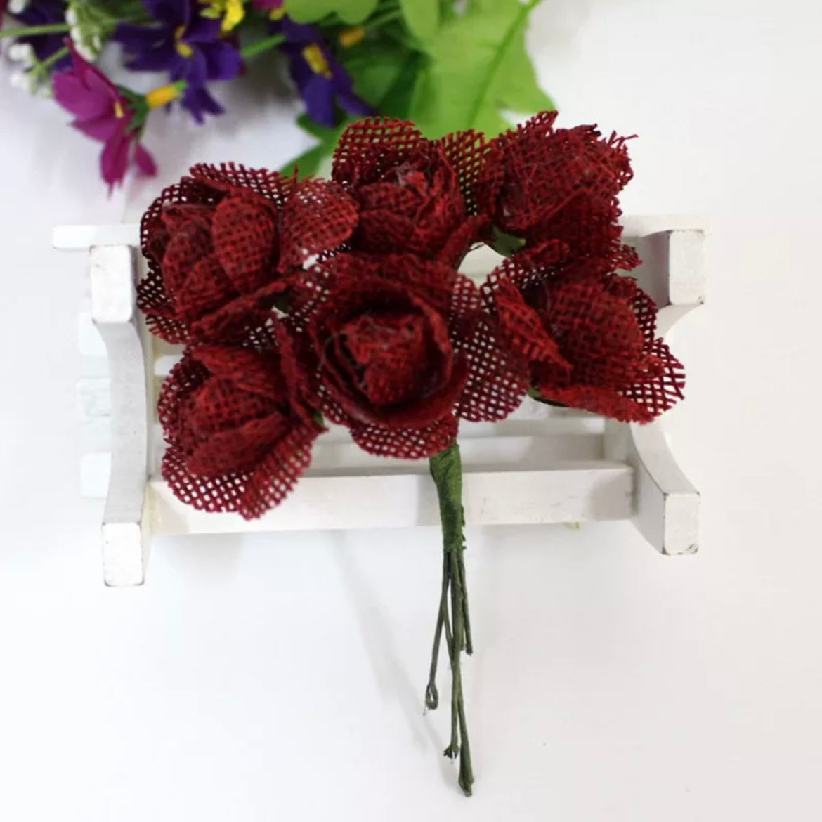 Burlap Jute Rose Flower Pick Style 7 - Burgundy Red