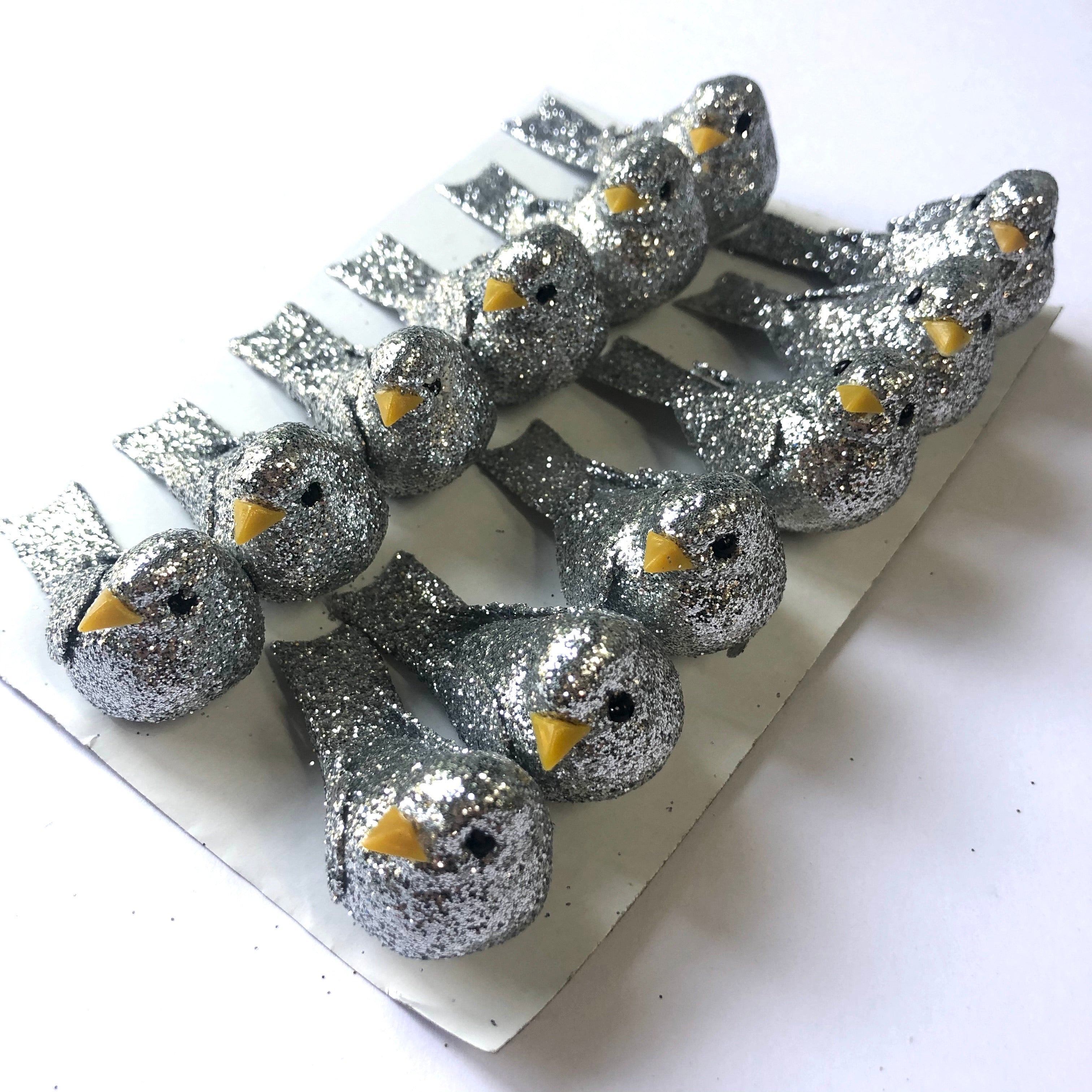 Artificial Decorative Glitter Foam Christmas Birds x 12pcs - Silver