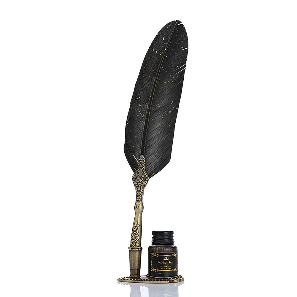 Deluxe Gift Boxed Retro Feather Calligraphy Dip Quill Pen Set - Black with Gold Speckle Goose
