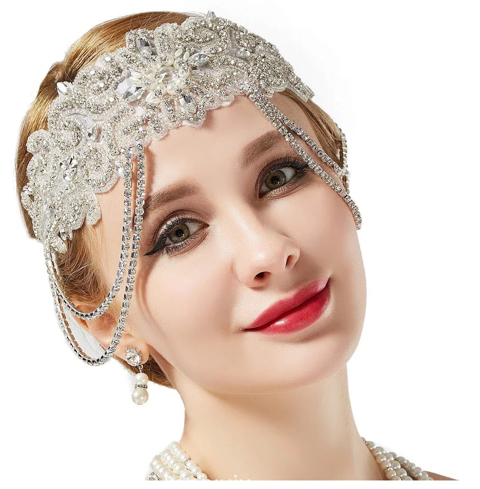 Great Gatsby 1920's Flapper Bridal Feather Headdress Fancy Dress - Silver (Style 25)