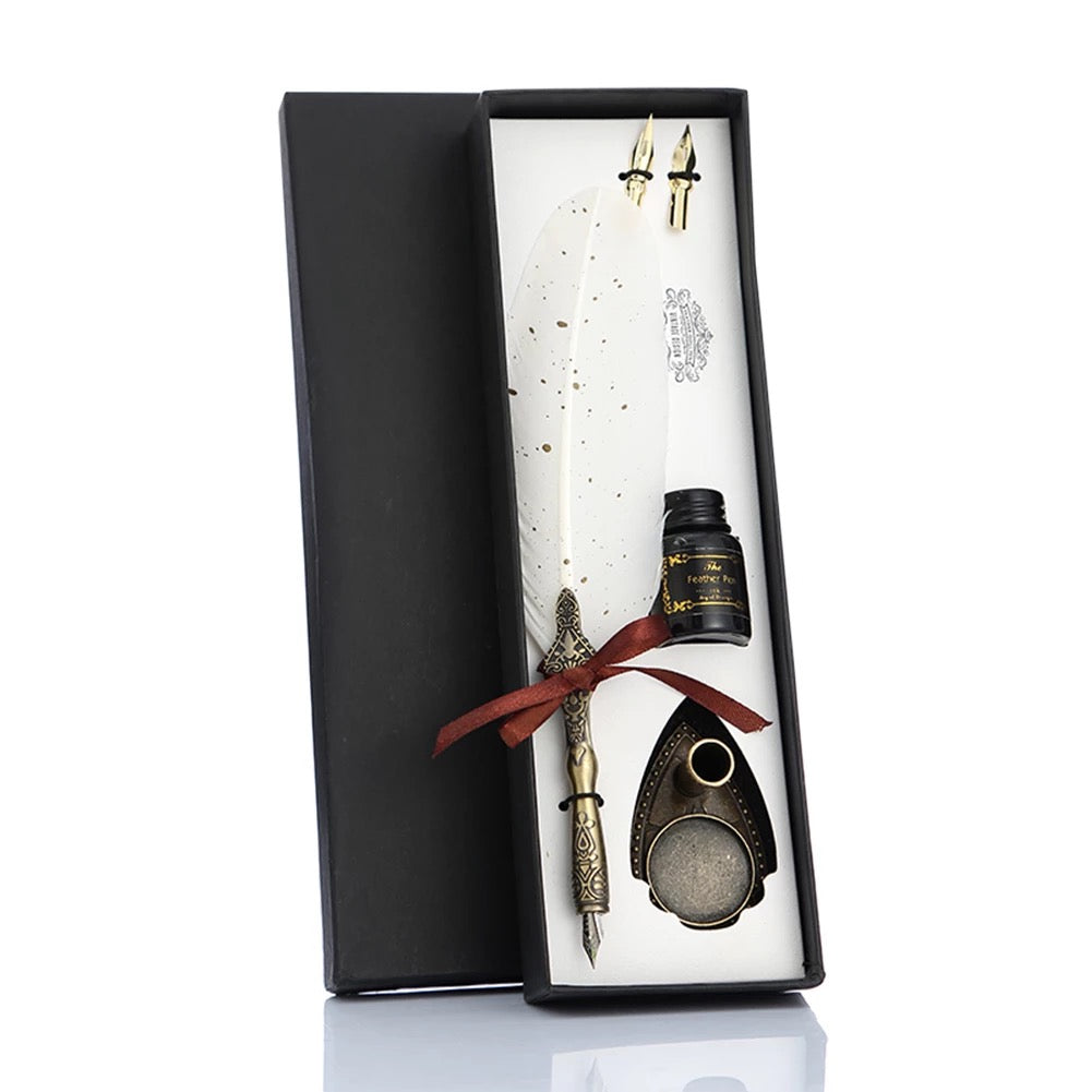 Deluxe Gift Boxed Retro Feather Calligraphy Dip Quill Pen Set - White with Gold Speckle Goose