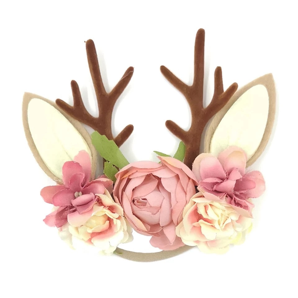 Christmas Holiday Antler Reindeer Floral Baby Girls Headband - Pink (Style 2)
