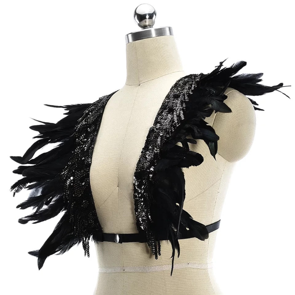 Victorian Cosplay Goth Feather Sequin Body Harness - Black (Style 1)