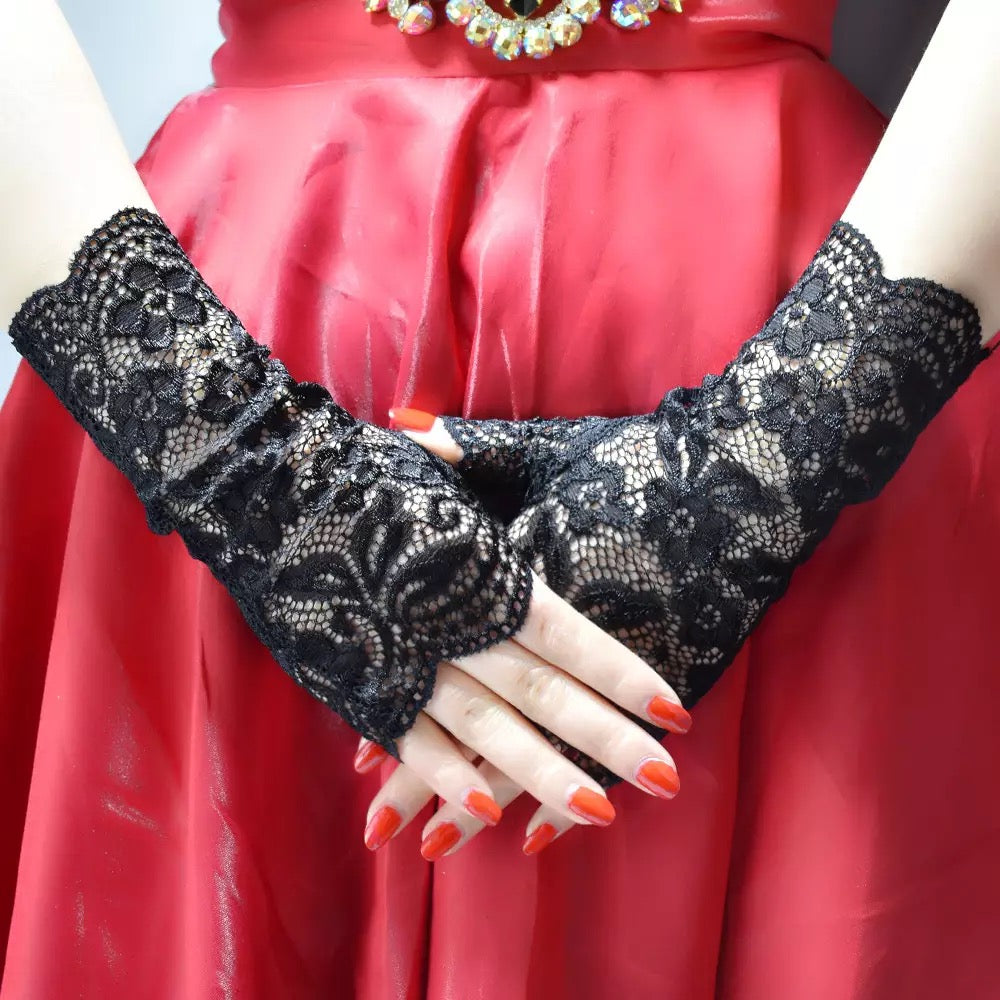 Great Gatsby 1920's Bridal Flapper Floral LACE Mesh Half Finger Gloves - BLACK LACE
