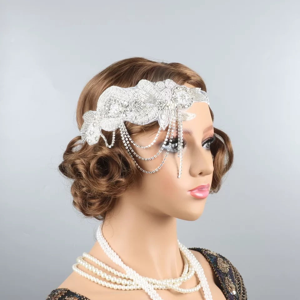 Great Gatsby 1920's Flapper Headdress Fancy Dress - White / Silver (Style 22)