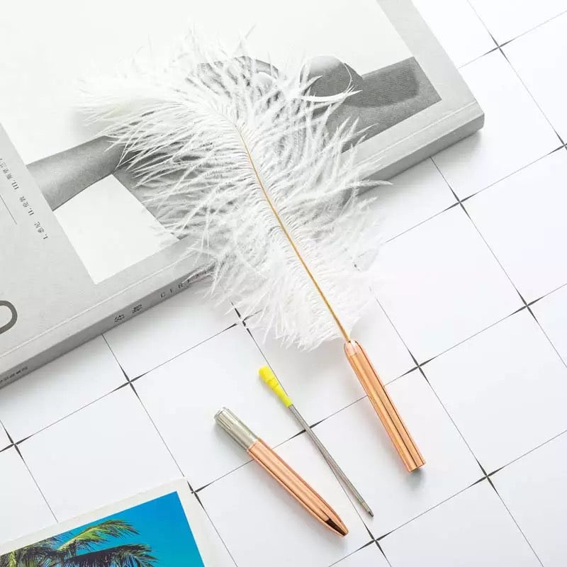 Ostrich Feather Wedding Ceremony Signing Rose Gold Ballpoint Pen - White