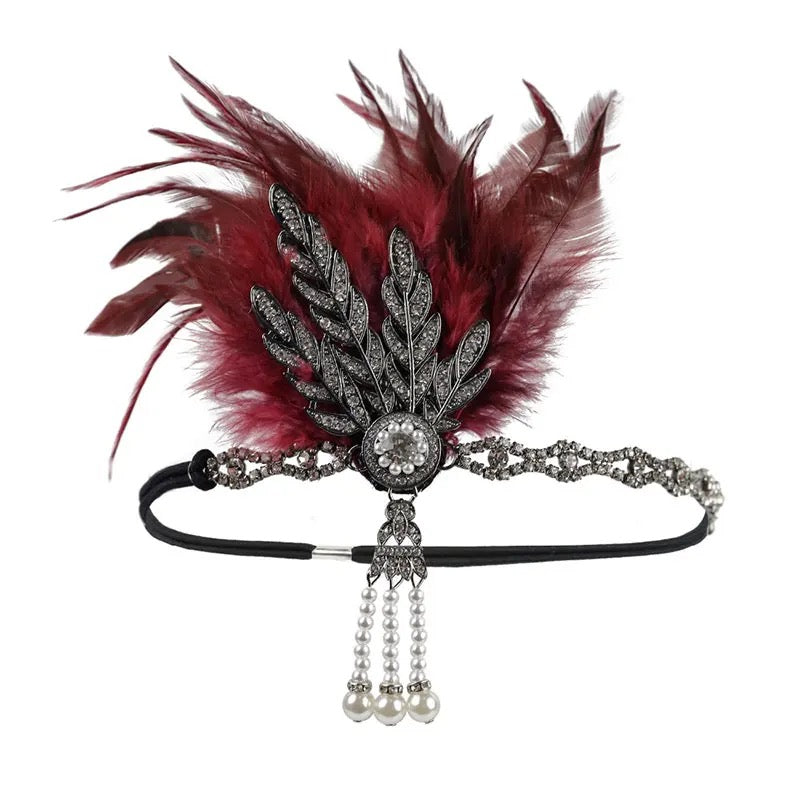 Great Gatsby 1920's Flapper Feather Headdress Fancy Dress - Burgundy Red (Style 12)