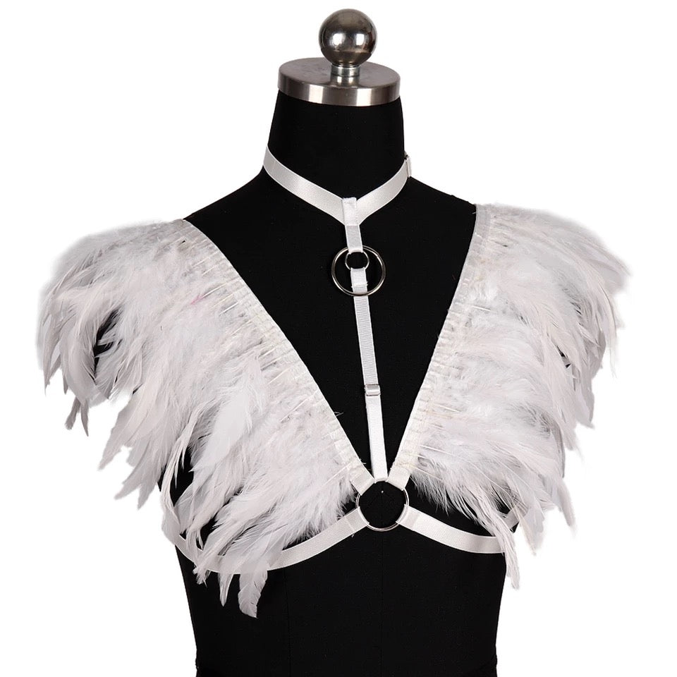 Victorian Cosplay Goth Feather Body Harness - White (Style 7)