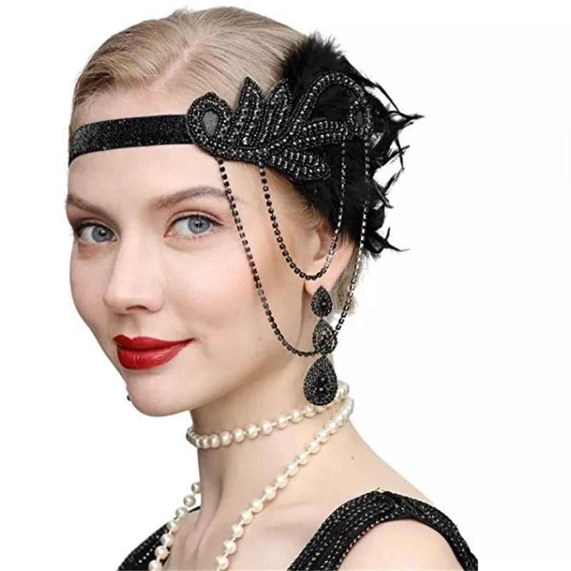 Great Gatsby 1920's Flapper Feather Headdress Fancy Dress - Black (Style 18)