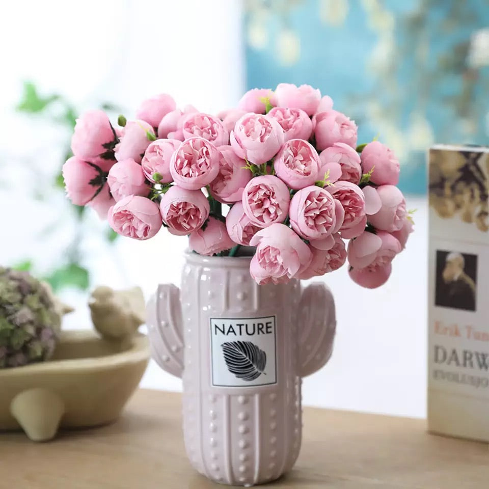 Artificial Silk Tea Rose Flower Bouquet - Hot Pink
