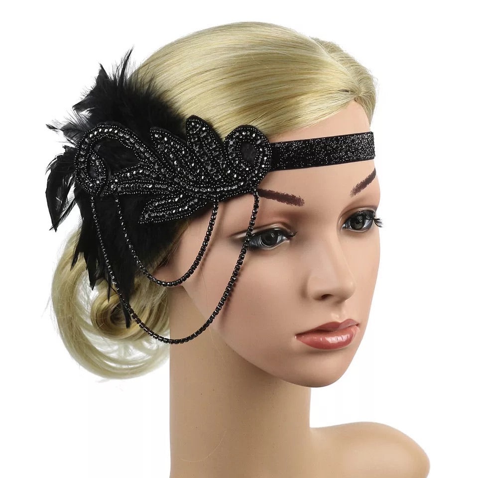 Great Gatsby 1920's Flapper Feather Headdress Fancy Dress - Black (Style 18)