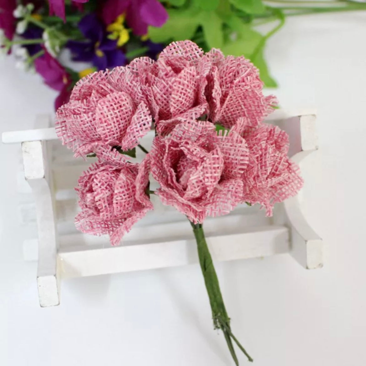Burlap Jute Rose Flower Pick Style 7 - Pink