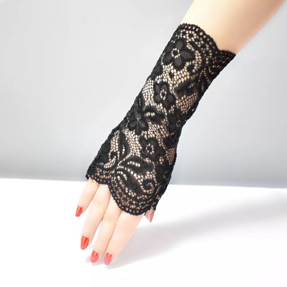 Great Gatsby 1920's Bridal Flapper Floral LACE Mesh Half Finger Gloves - BLACK LACE