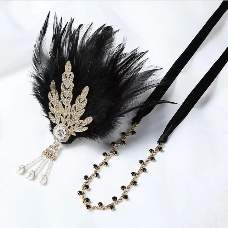 Great Gatsby 1920's Flapper Feather Headdress Fancy Dress - Black (Style 19)