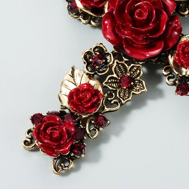 Red Rose Frida Baroque Cross Drop Earrings - Gold (Style 23)