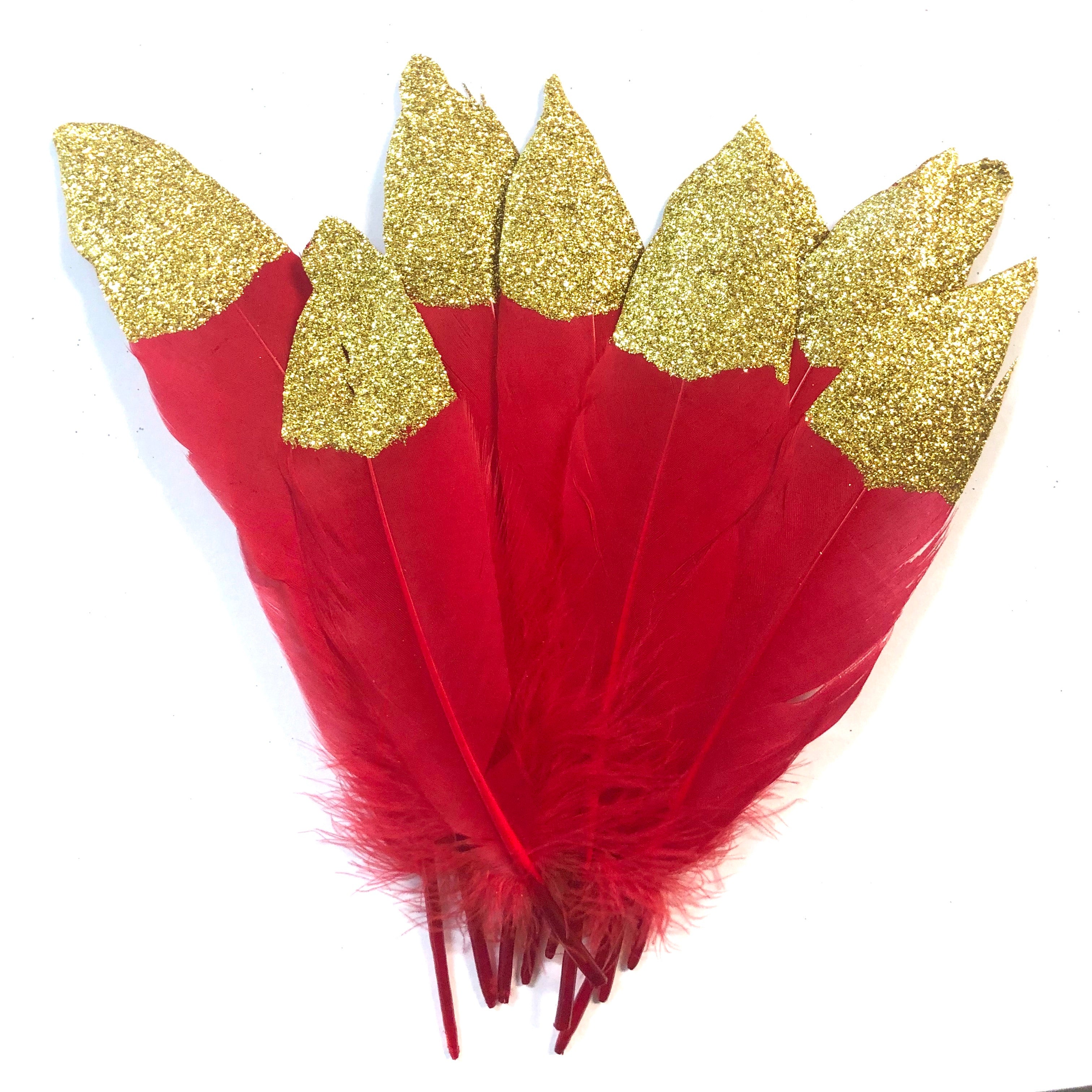 Goose Pointer Feather Gold Glitter Tipped x 10 pcs - Red