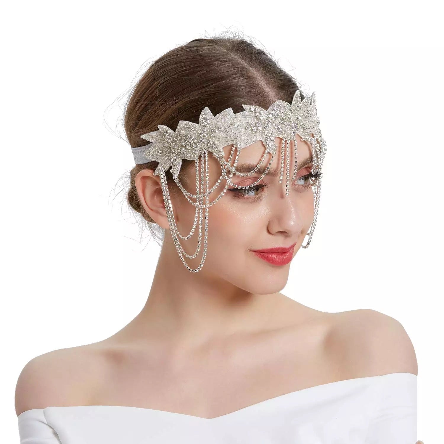 Great Gatsby 1920's Bridal Flapper Feather Headdress Fancy Dress - White (Style 27)