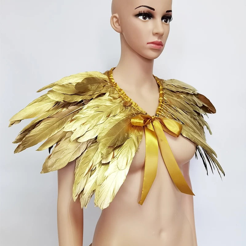Victorian Cosplay Goth Feather Shrug Cape Shawl - Gold ((SECONDS))