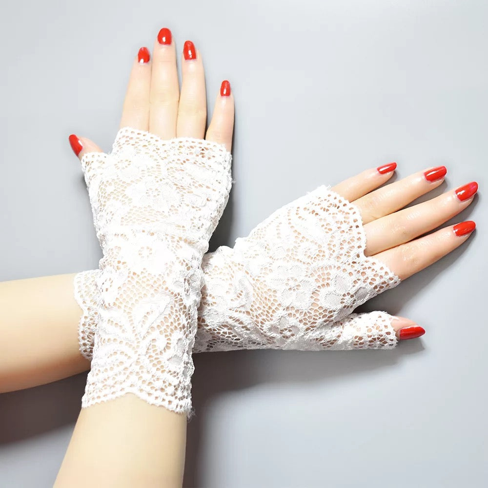 Great Gatsby 1920's Bridal Flapper Floral LACE Mesh Half Finger Gloves - WHITE LACE