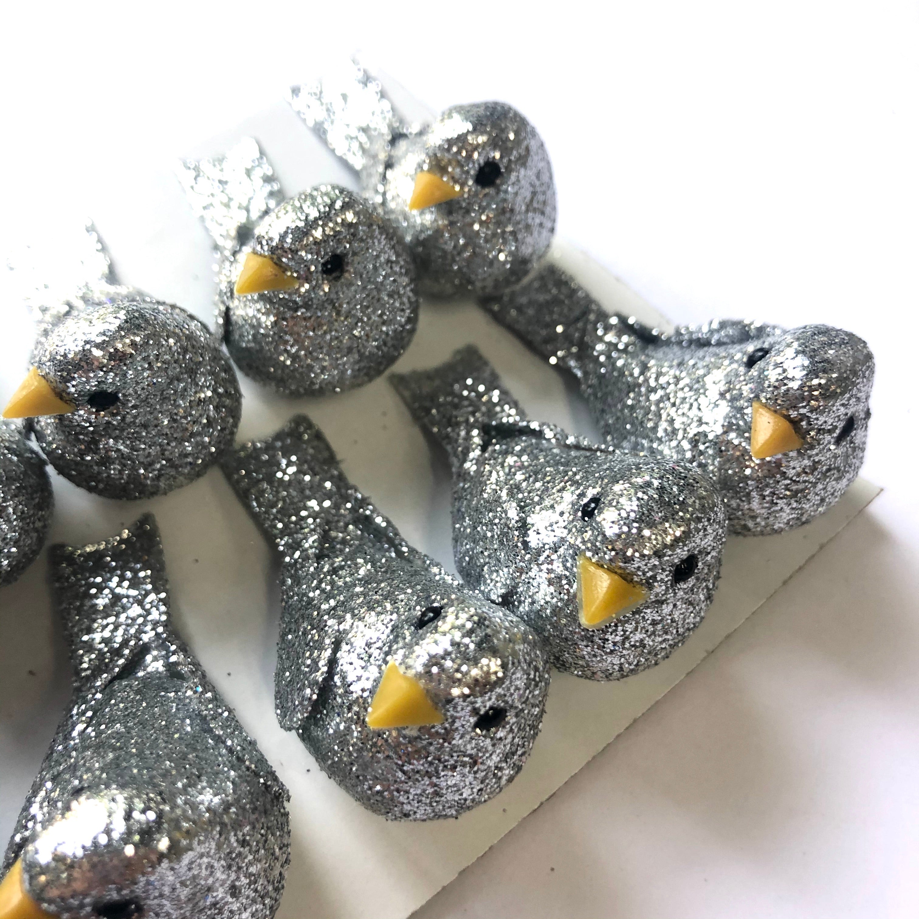 Artificial Decorative Glitter Foam Christmas Birds x 12pcs - Silver