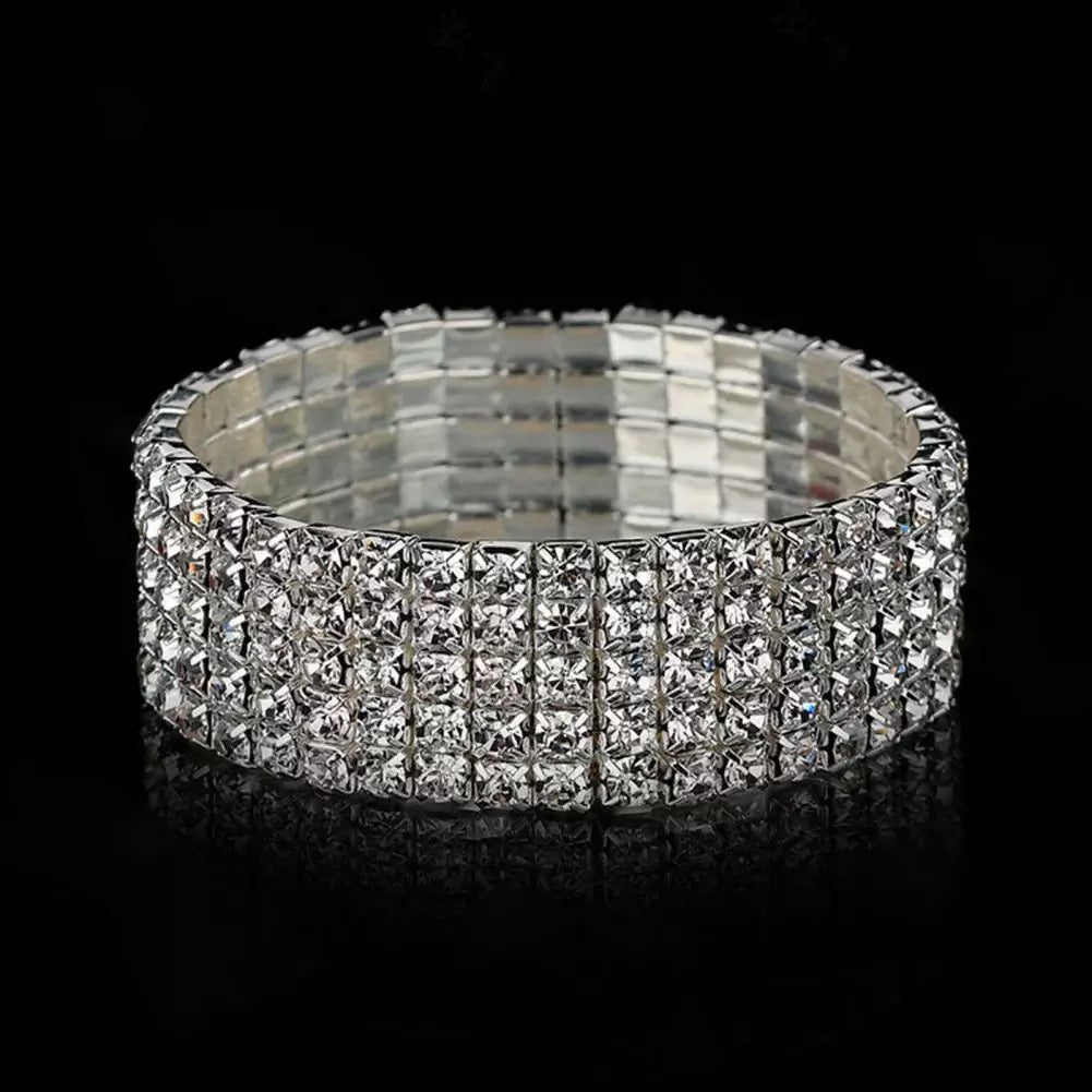 Great Gatsby 1920's Flapper Bridal 5 Row Rhinestone Stretch Bracelet - Silver 5 Row