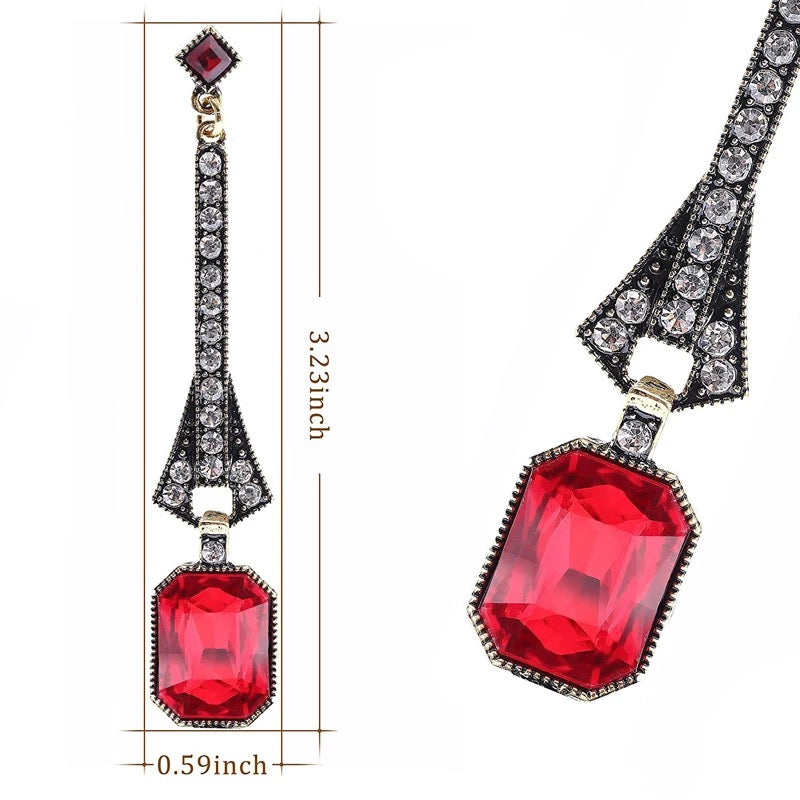 Great Gatsby 1920's Crystal Rhinestone Art Deco Drop Earrings - Red (Style 18)