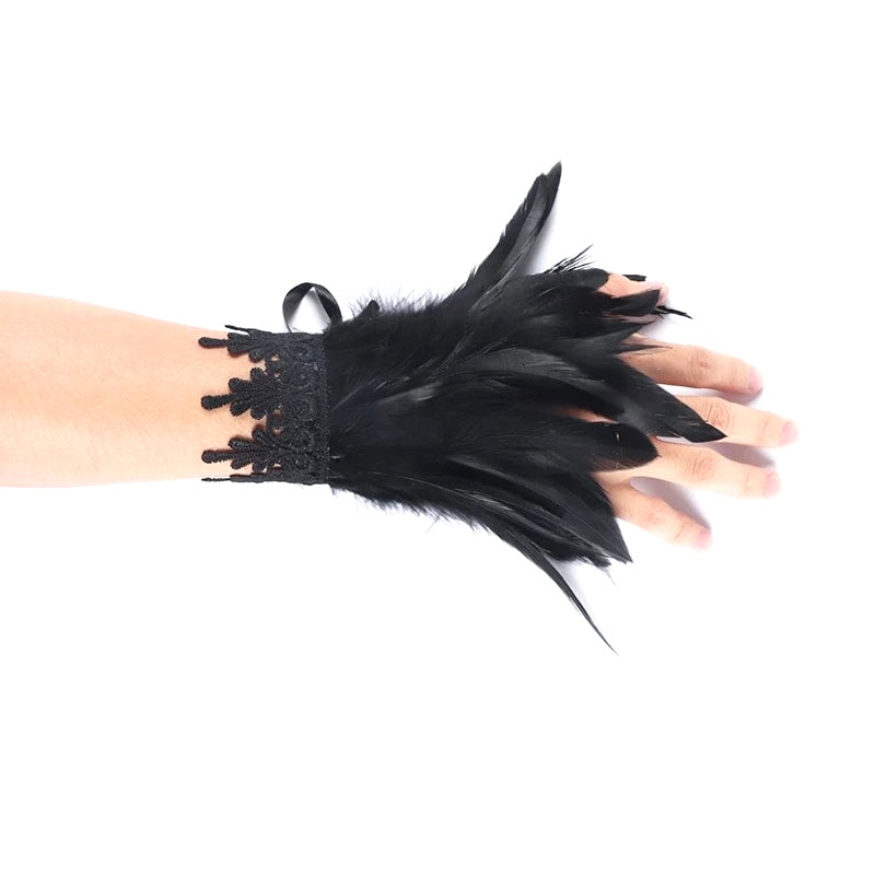 Gothic Victorian Cosplay Feather Wrist Cuffs - Black Lace