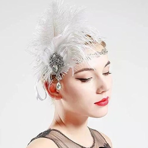 Great Gatsby 1920's Flapper Feather Headdress Fancy Dress - White (Style 17)
