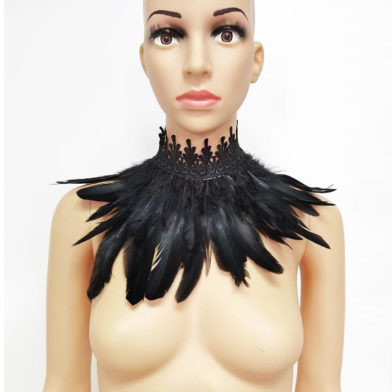 Gothic Victorian Cosplay Feather Choker Neck Wrap Collar - Black