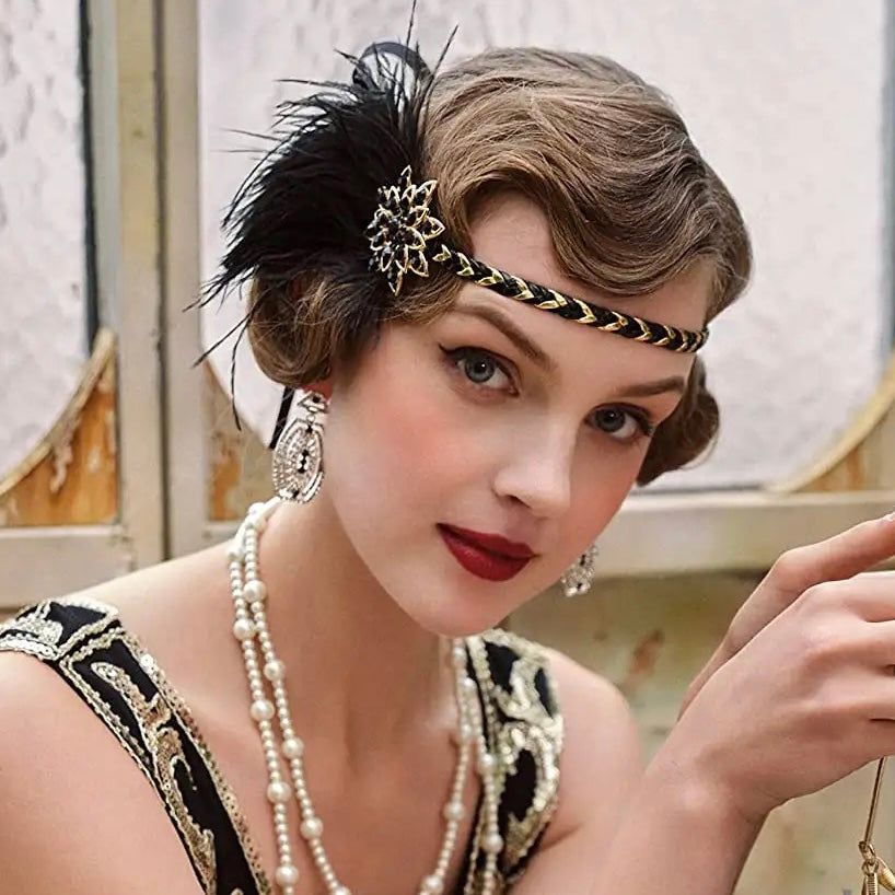 Great Gatsby 1920's Flapper Feather Headdress Fancy Dress - Black (Style 31)