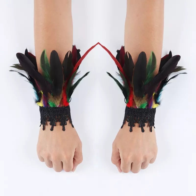 Gothic Victorian Cosplay Feather Wrist Cuffs - Rainbow