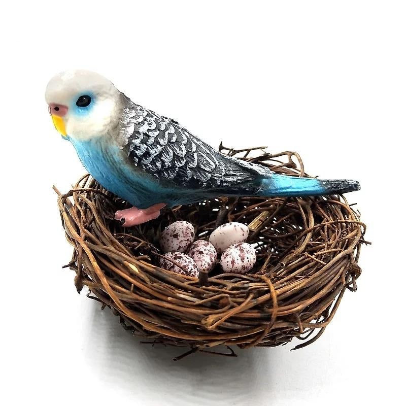 Natural Easter Premium Vine Bird Nest with Bird & Eggs - Blue Budgerigar (Style 4)